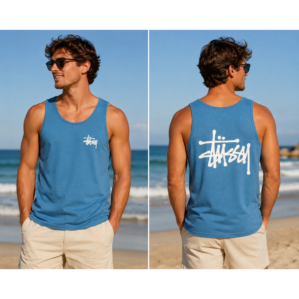 Stussy Tank Top Men's Small Blue Logo Sleeveless Streetwear Graphic Tee CUT TAG